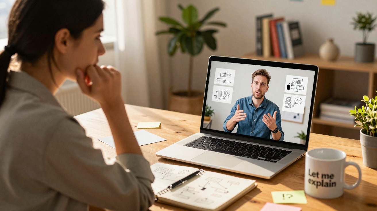 Mulher participando de videochamada com homem em laptop, analisando anotações em caderno à mesa.