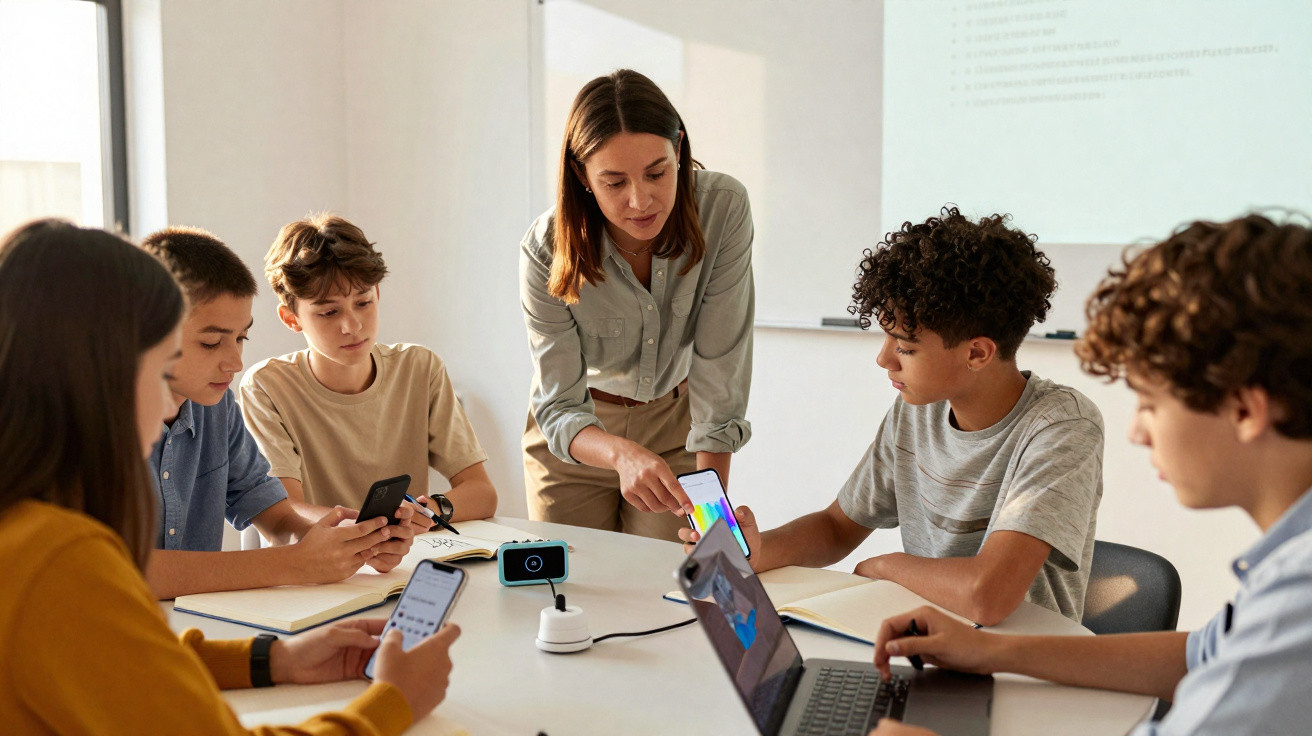 Professora orienta estudantes usando celulares e laptop em sala de aula moderna e iluminada.