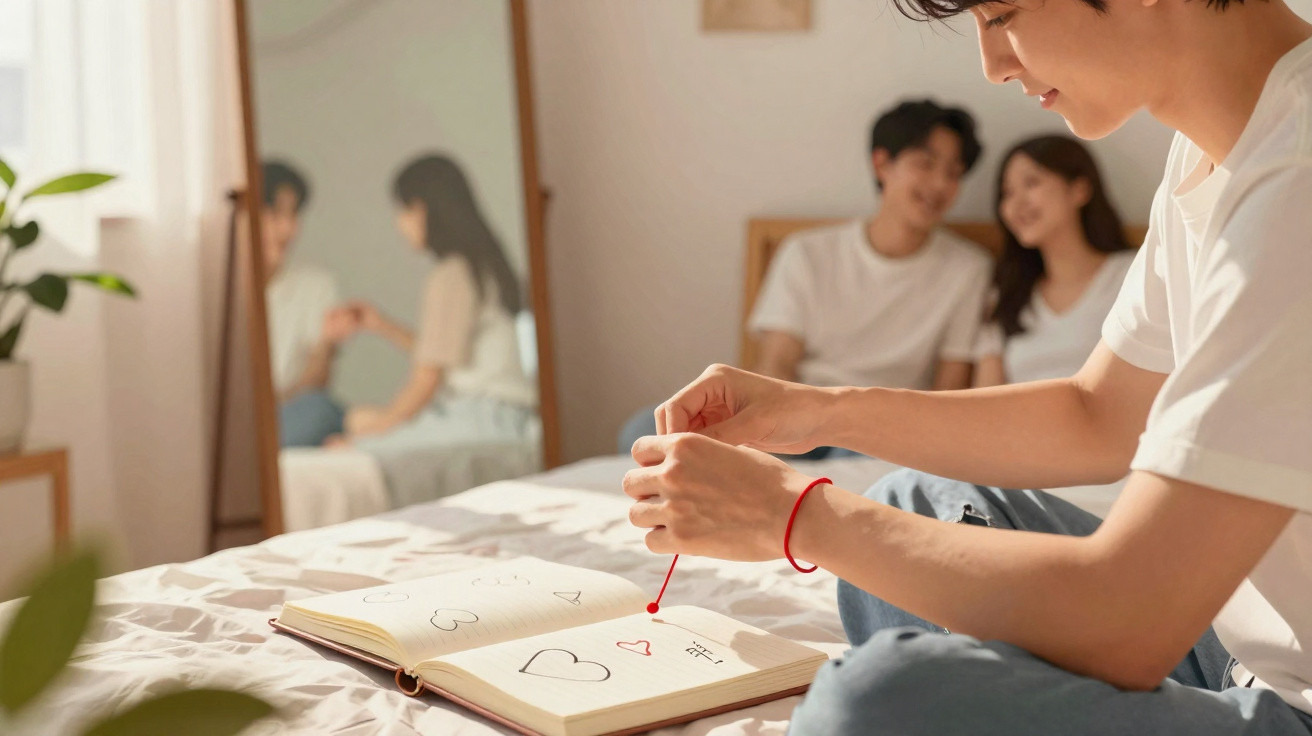 Jovem fazendo pulseira vermelha enquanto casal sorri ao fundo em quarto iluminado.