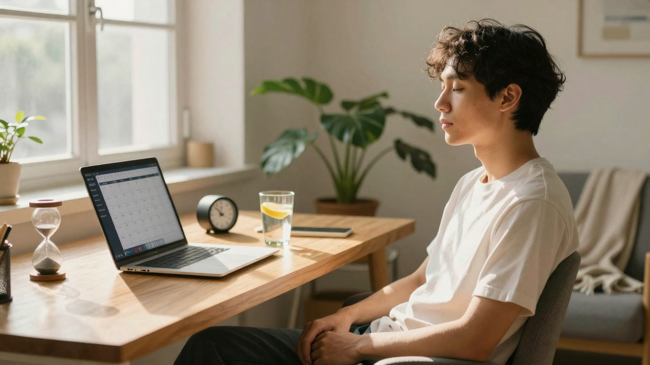 Jovem sentado com os olhos fechados em frente a uma mesa com laptop, relógio e copo d'água.
