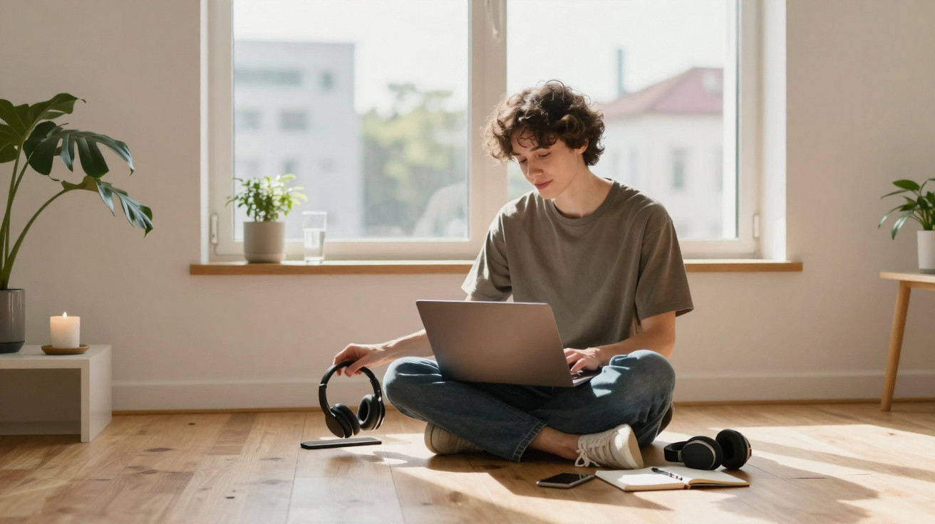 Jovem sentado no chão com laptop no colo, headphones na mão e plantas ao fundo em ambiente iluminado.