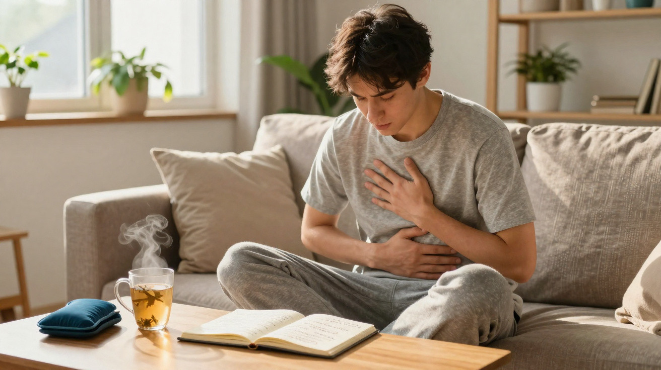 Jovem sentado no sofá com expressão de dor, segurando o peito e a barriga, chá quente e bolsa de água quente na mesa.