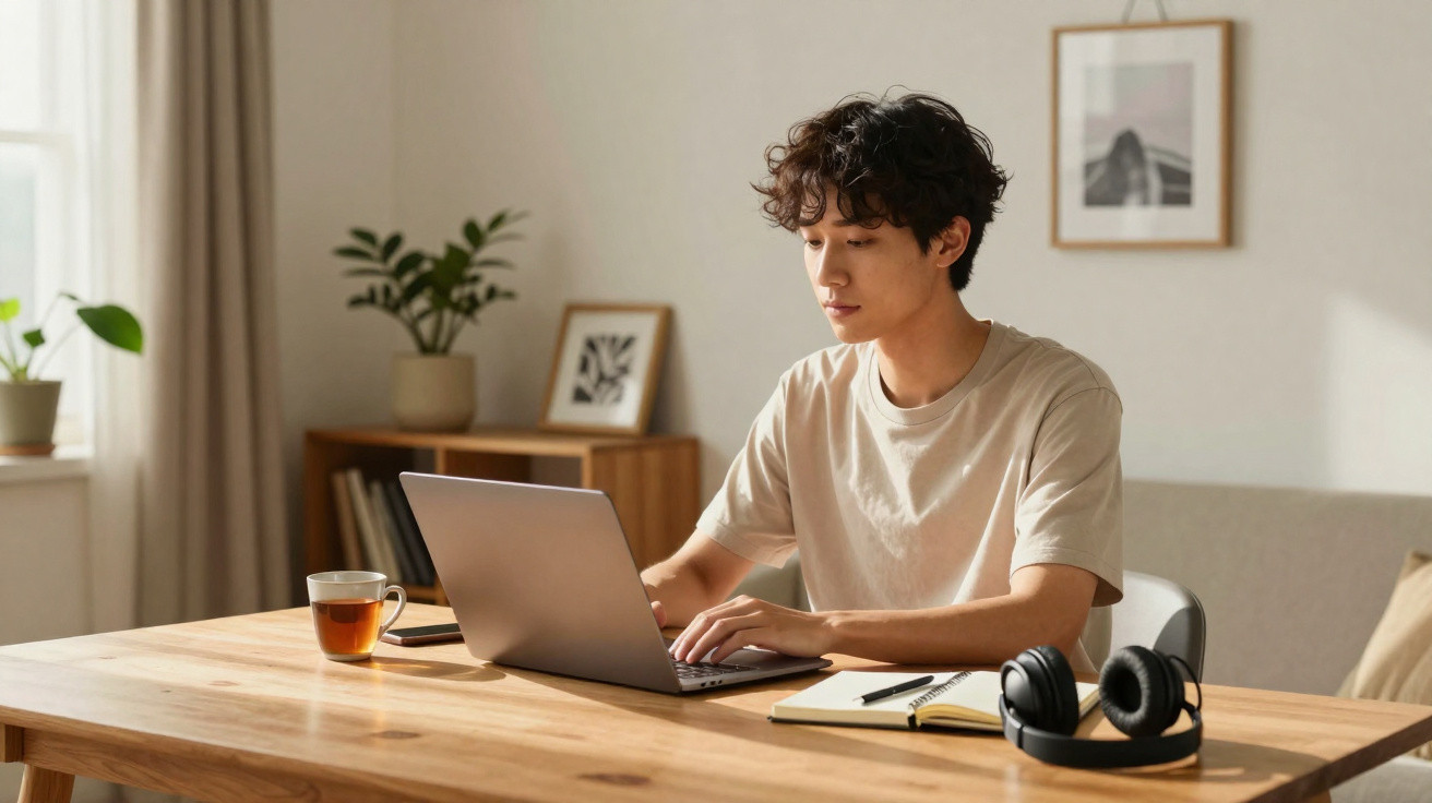 Jovem concentrado usando laptop em mesa com xícara de chá, caderno e fones de ouvido em ambiente iluminado.