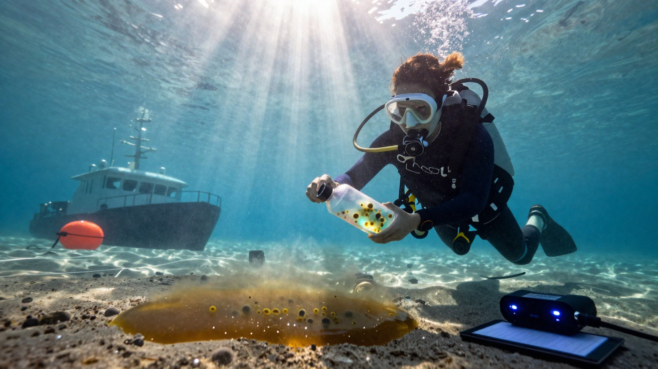 Mergulhadora coleta amostras em frasco no fundo do mar próximo a barco ancorado e equipamento subaquático.