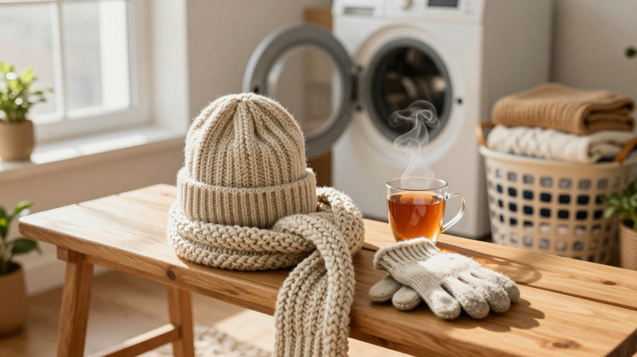 Gorro, cachecol e luvas de tricô em bege sobre banco de madeira com chá quente ao fundo.