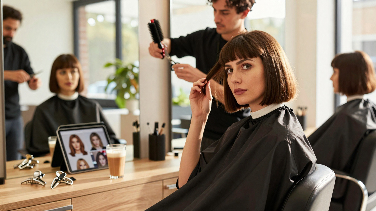 Mulher com cabelo curto no salão de beleza sendo atendida por cabeleireiro, com tablet e café na frente.