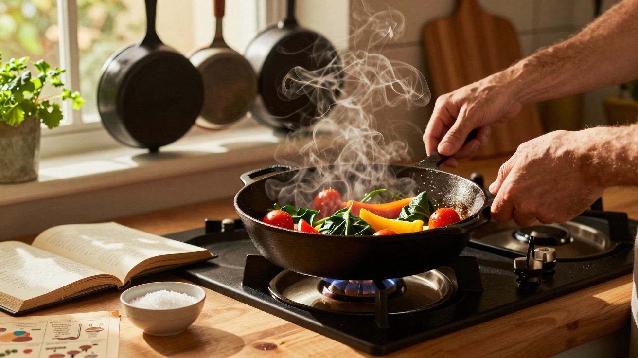 Mãos mexendo legumes coloridos numa frigideira fumegante sobre fogão a gás em cozinha iluminada.