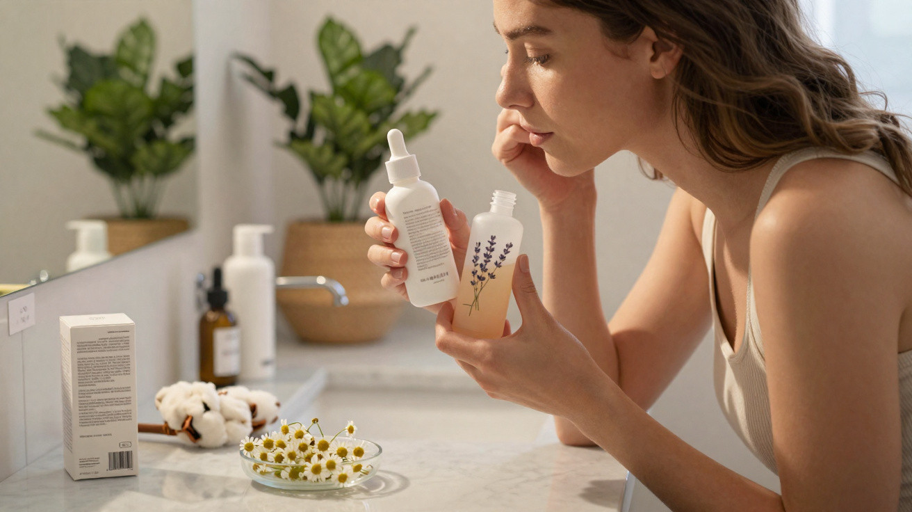 Mulher aplicando sérum facial no rosto em banheiro com frascos e flores na bancada de mármore.