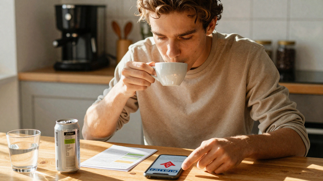 Homem sentado à mesa tomando café e usando celular, com documentos e bebidas ao redor.