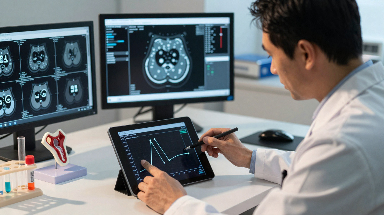 Médico analisando gráficos em tablet e imagens de exames médicos em dois monitores no consultório.