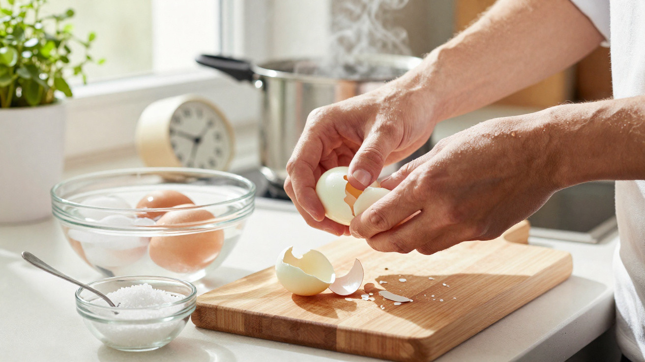 Mãos quebrando um ovo sobre tábua de madeira em cozinha com tigelas e panela ao fundo.