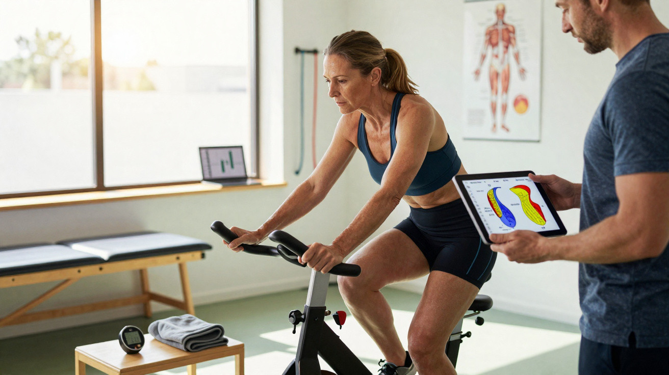 Mulher pedala em bicicleta ergométrica com personal trainer analisando dados em tablet ao lado.