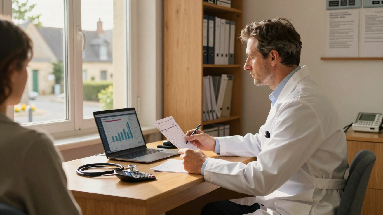 Médico analisando documento enquanto conversa com paciente em consultório iluminado pela janela.