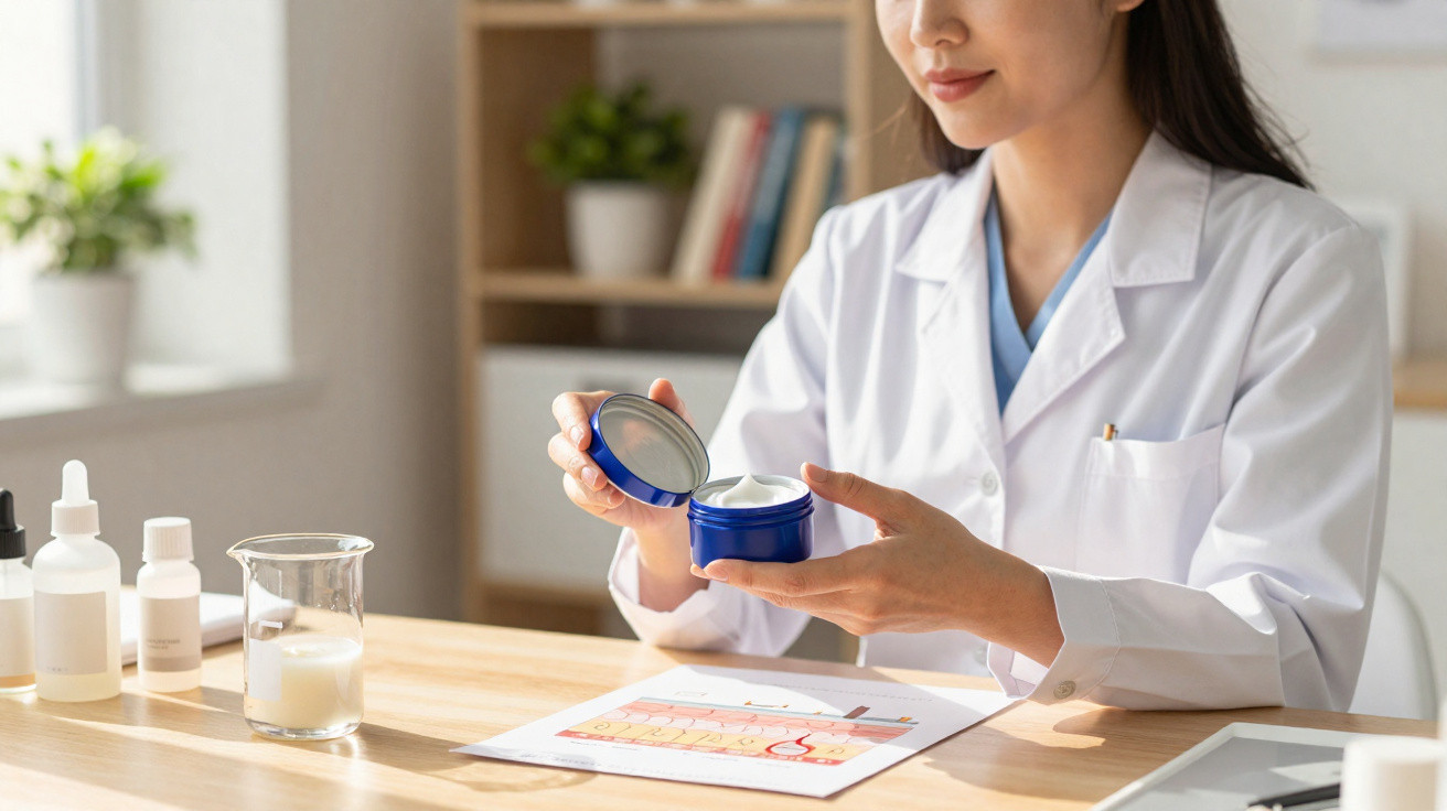 Mulher com jaleco branco segurando pote de creme em consultório com frascos e gráfico na mesa.