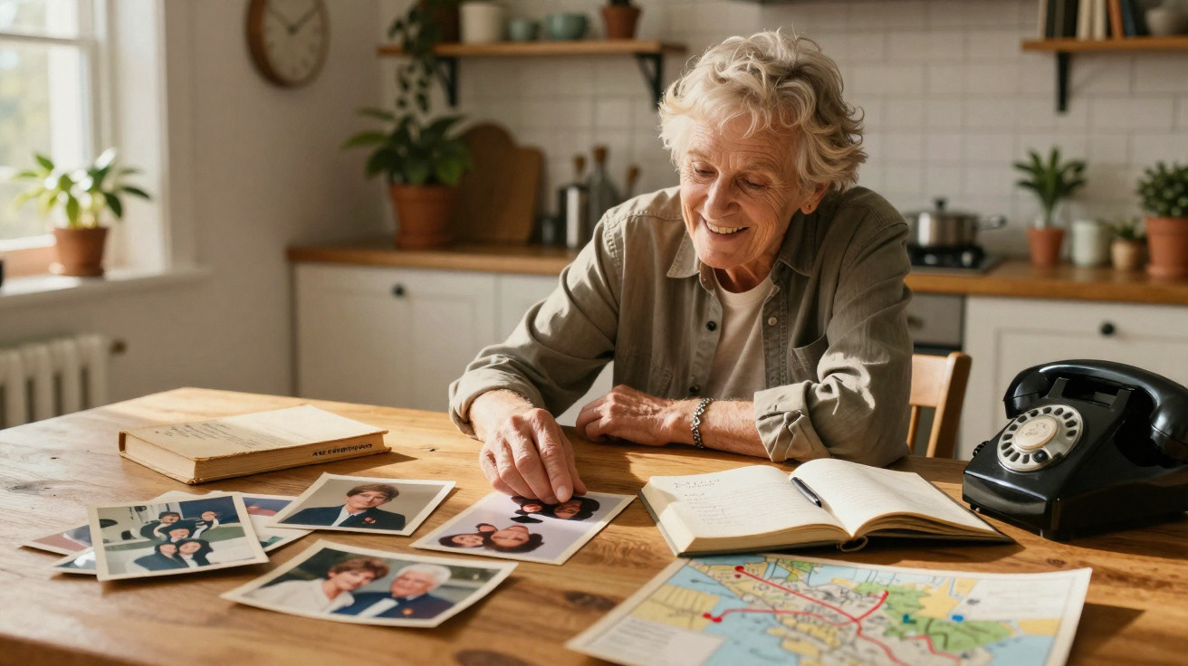 Mulher idosa sorrindo enquanto olha fotos antigas em uma mesa com livros e mapa na cozinha.