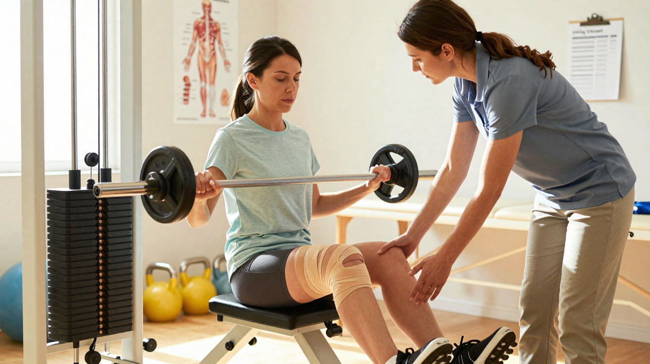 Mulher com joelho enfaixado faz exercícios de musculação com orientação de fisioterapeuta.