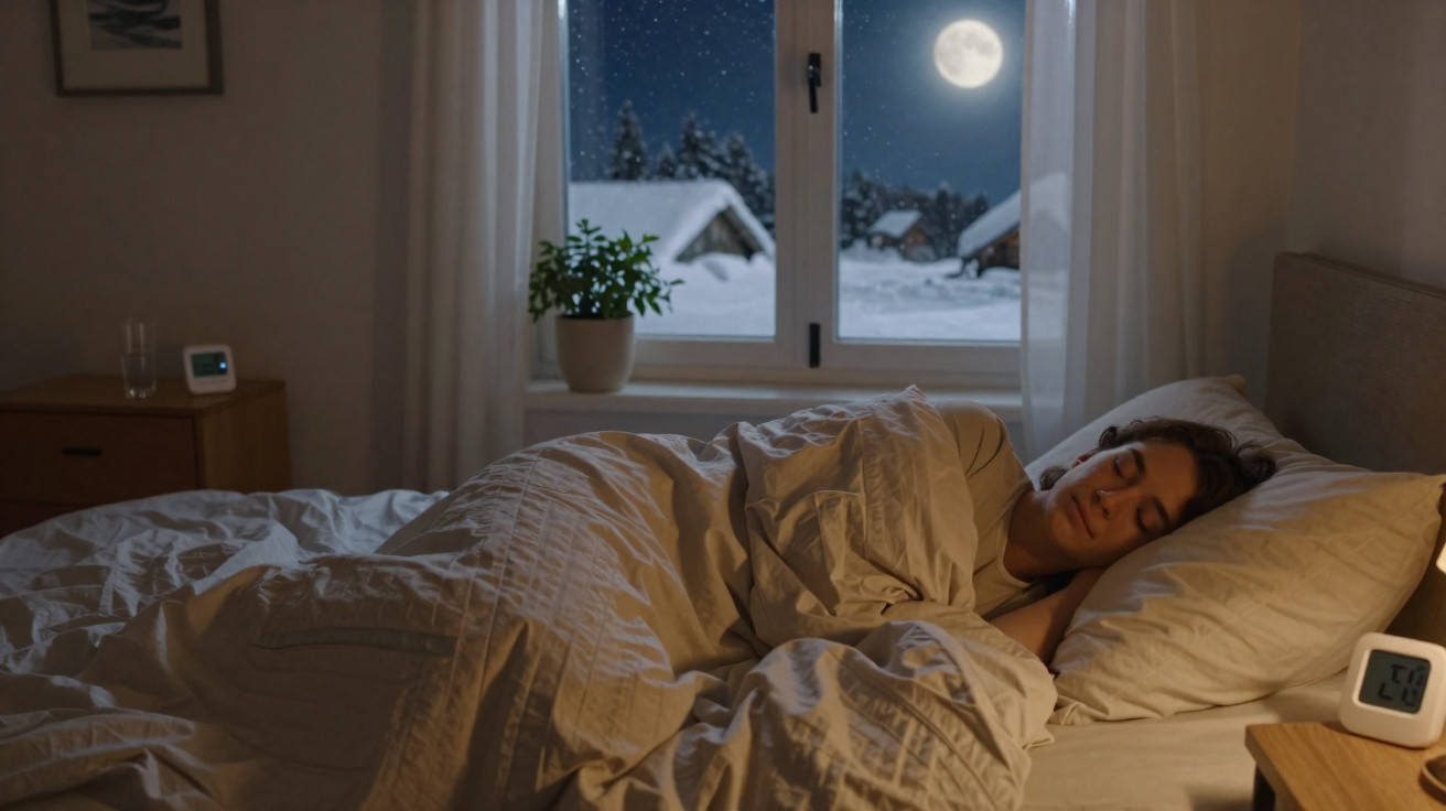 Pessoa dormindo em cama aconchegante, janela aberta mostra noite estrelada com lua cheia e neve do lado de fora.