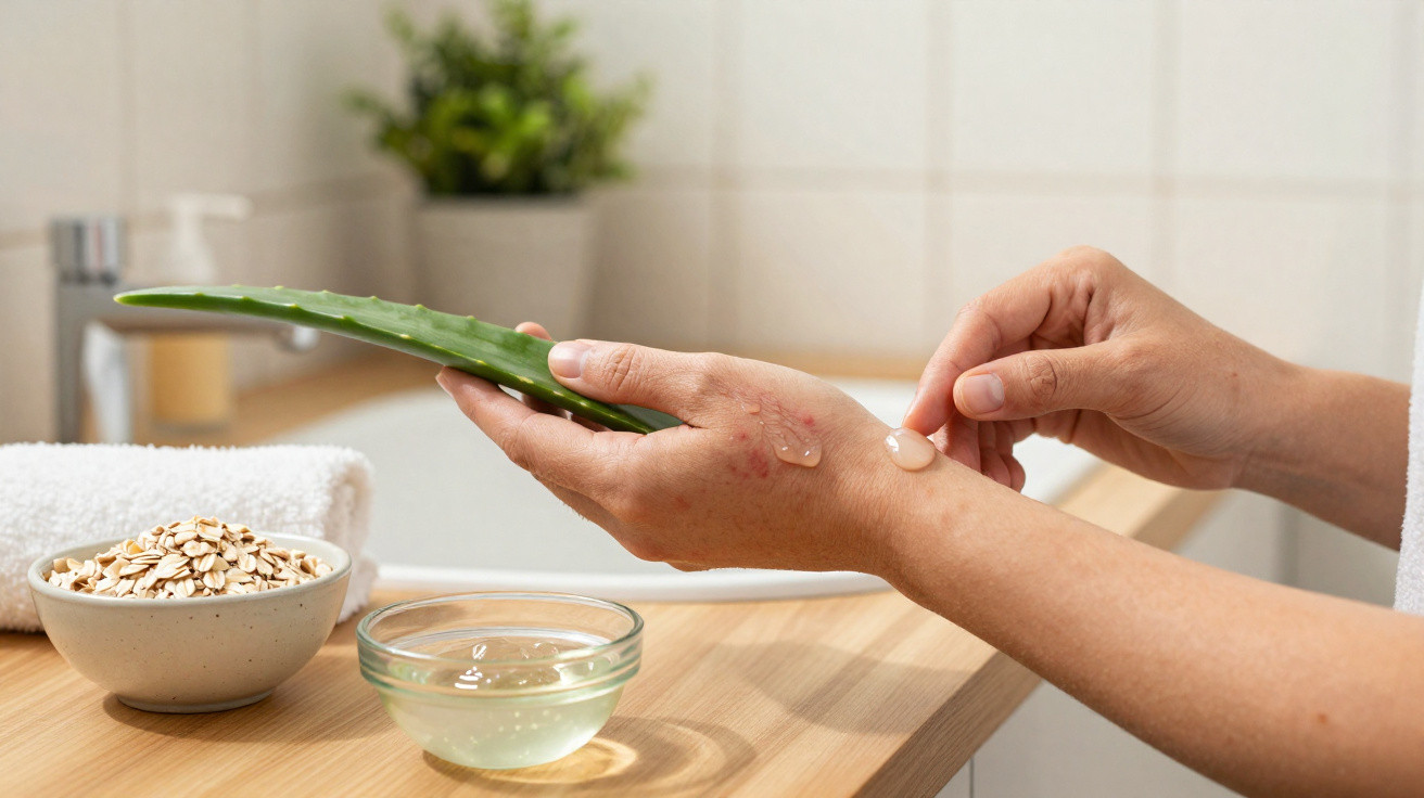 Pessoa aplicando gel de babosa na mão com tigelas de aveia e gel no banheiro.
