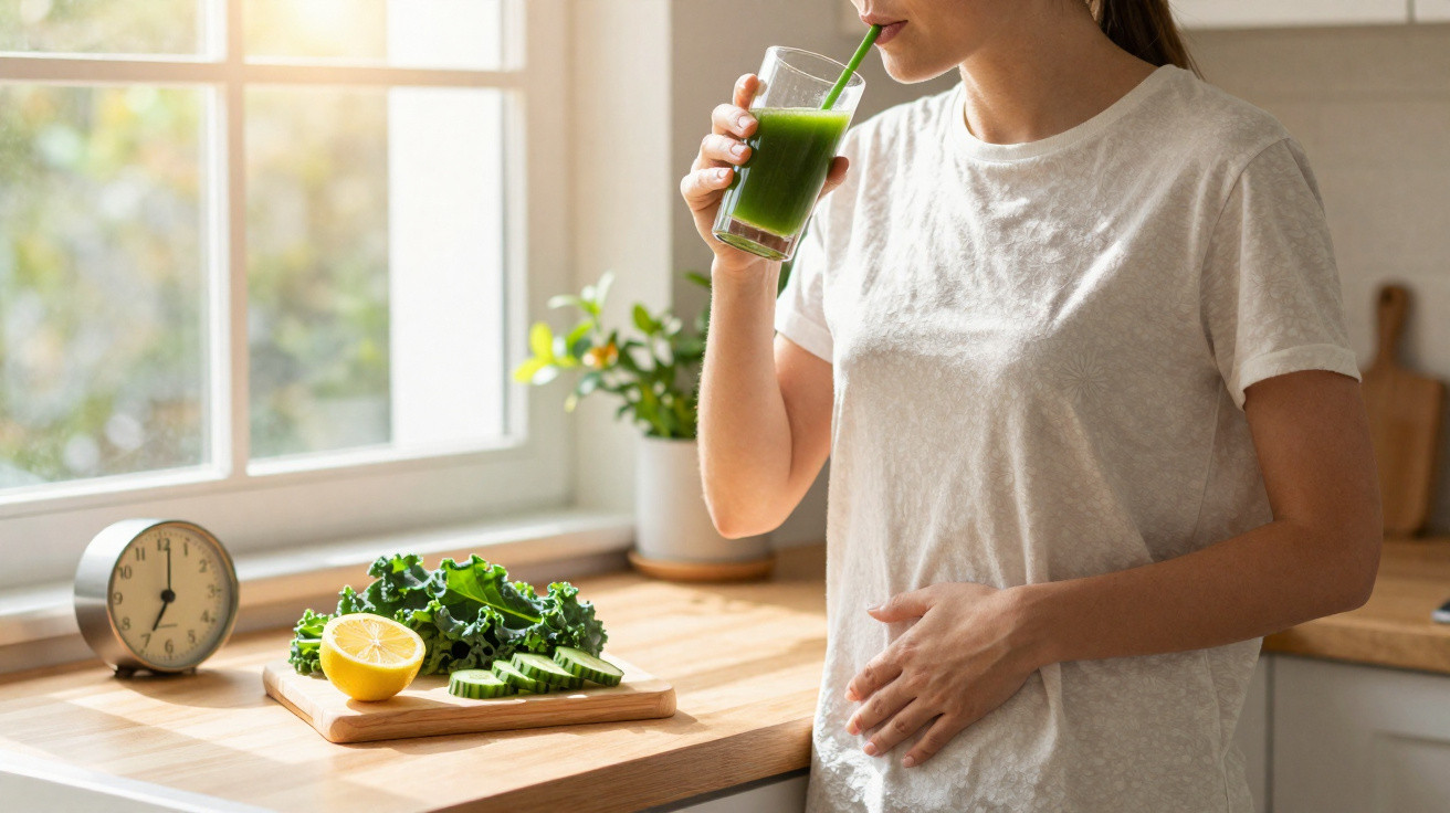 Mulher grávida bebendo suco verde em copo, com legumes frescos em bancada de cozinha iluminada.