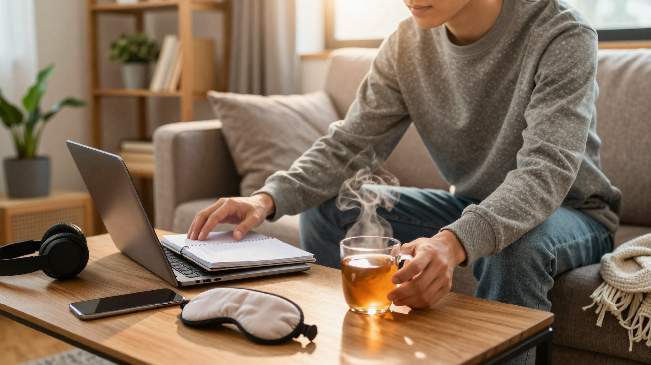 Pessoa sentada no sofá com notebook, caderno e segurando uma xícara de chá fumegante à mesa.