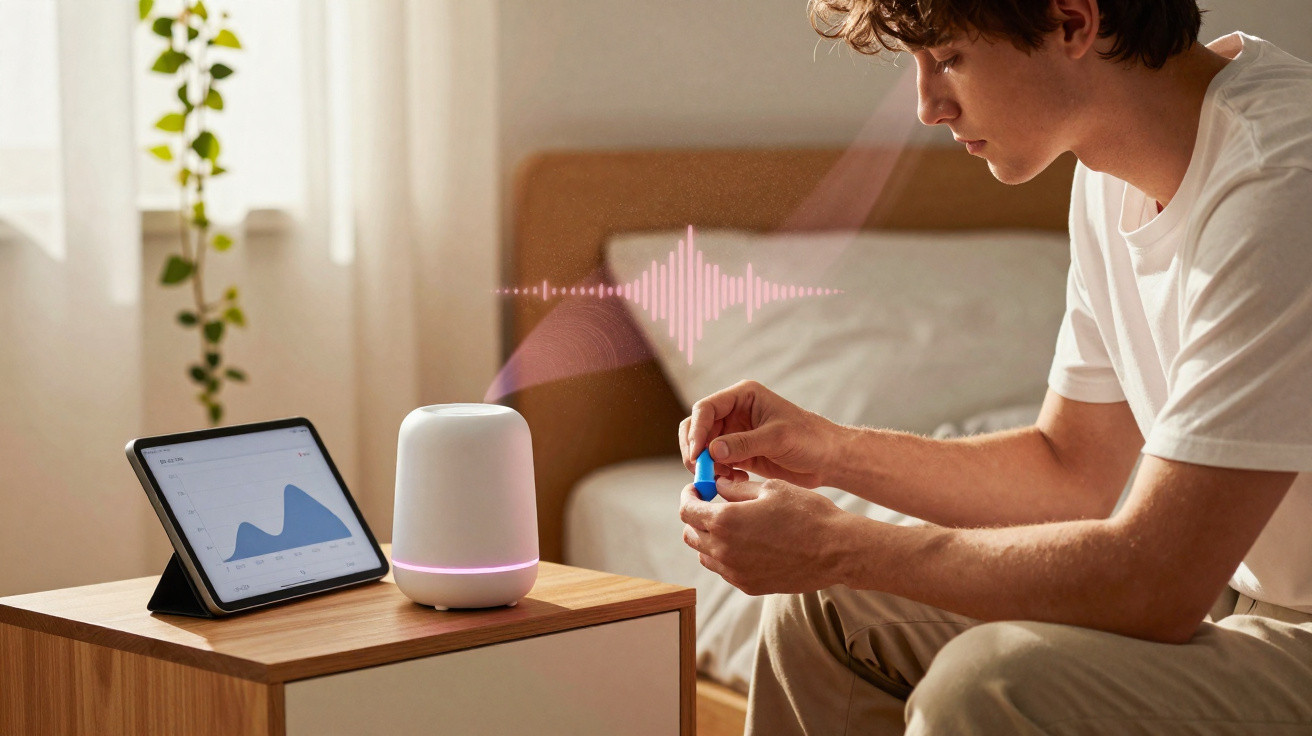 Homem usando aparelho auditivo interagindo com assistente virtual em dispositivo na mesa ao lado.