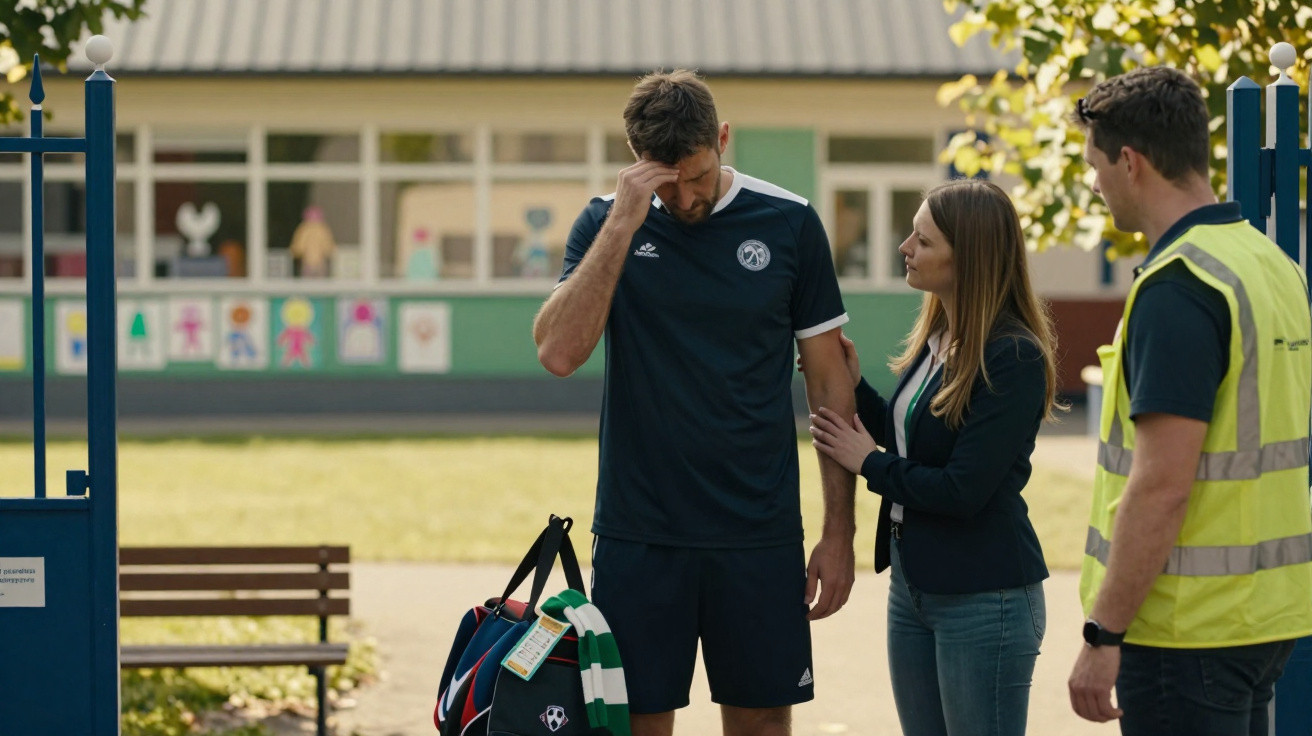 Homem triste com roupa de time de futebol é consolado por mulher enquanto outro homem observa em escola.