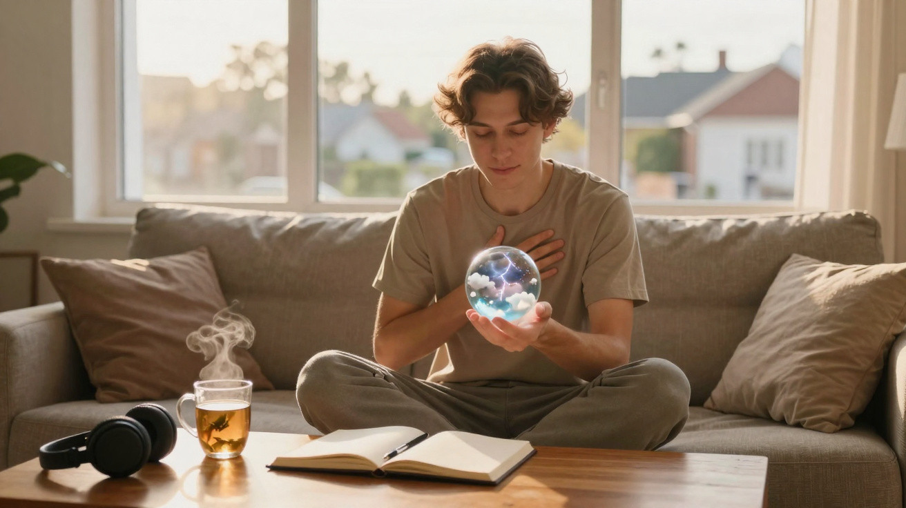 Jovem sentado de pernas cruzadas no sofá, segurando esfera luminosa com livro aberto e chá quente na mesa.