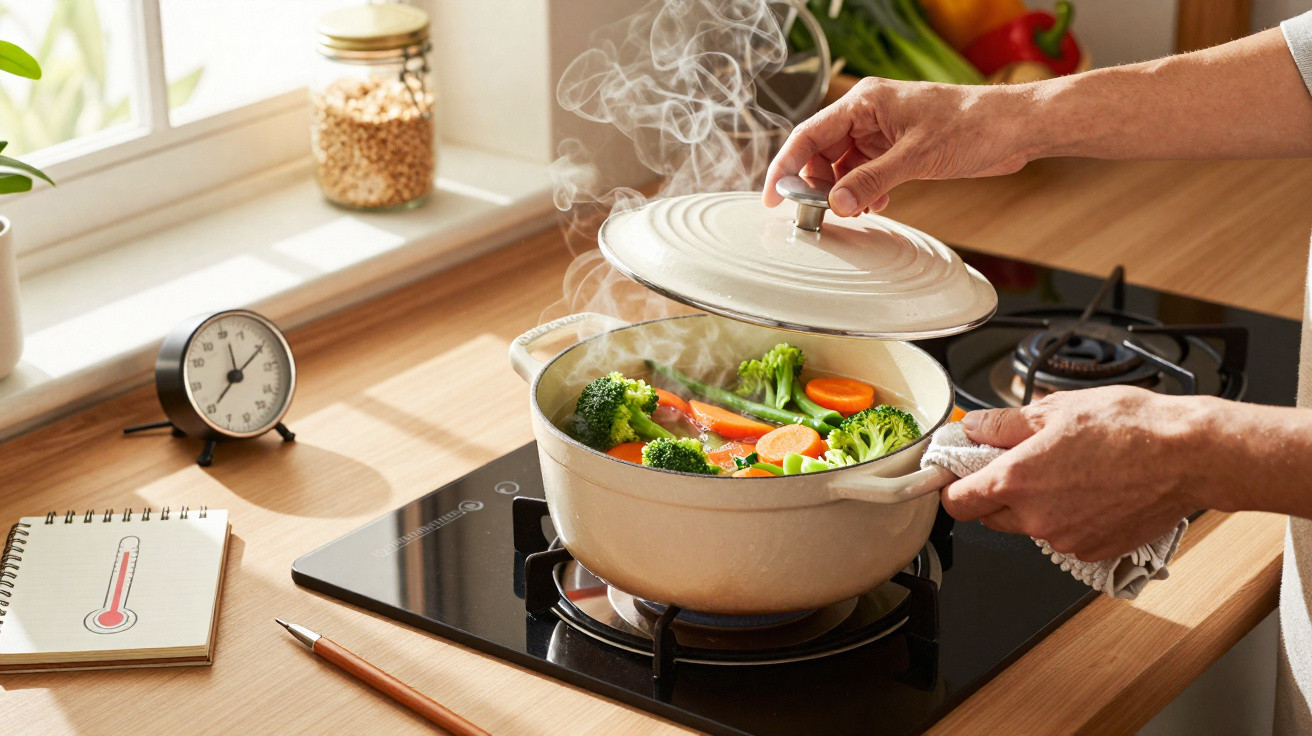 Pessoa abrindo panela com legumes cozinhando no fogão em cozinha iluminada pela luz natural.