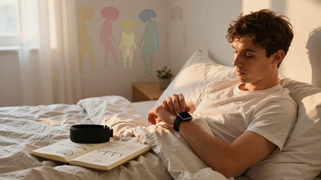 Homem na cama checando relógio inteligente com livro aberto e fones ao lado em quarto iluminado pelo sol.