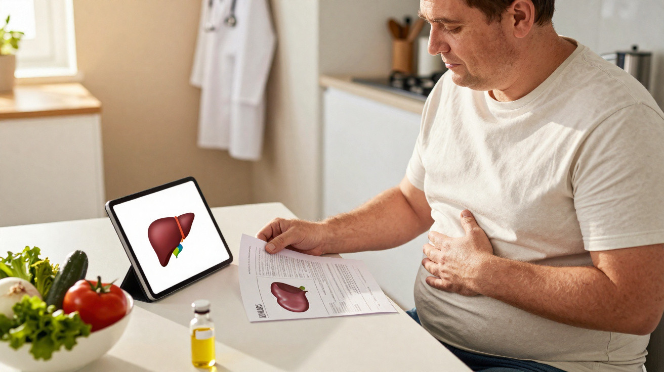 Homem segurando a barriga e analisando imagem e documento sobre fígado em uma cozinha iluminada.