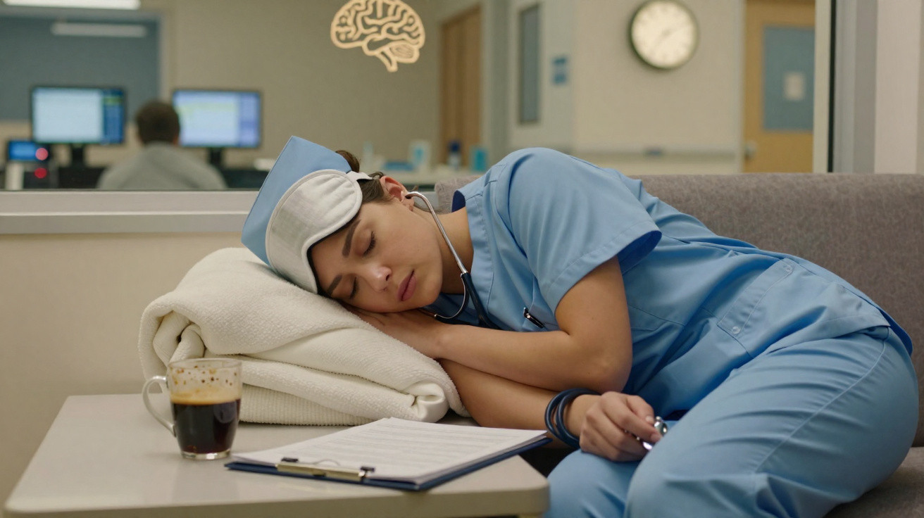 Enfermeira em uniforme azul dorme usando máscara de descanso, reclinada sobre toalha na sala de hospital.