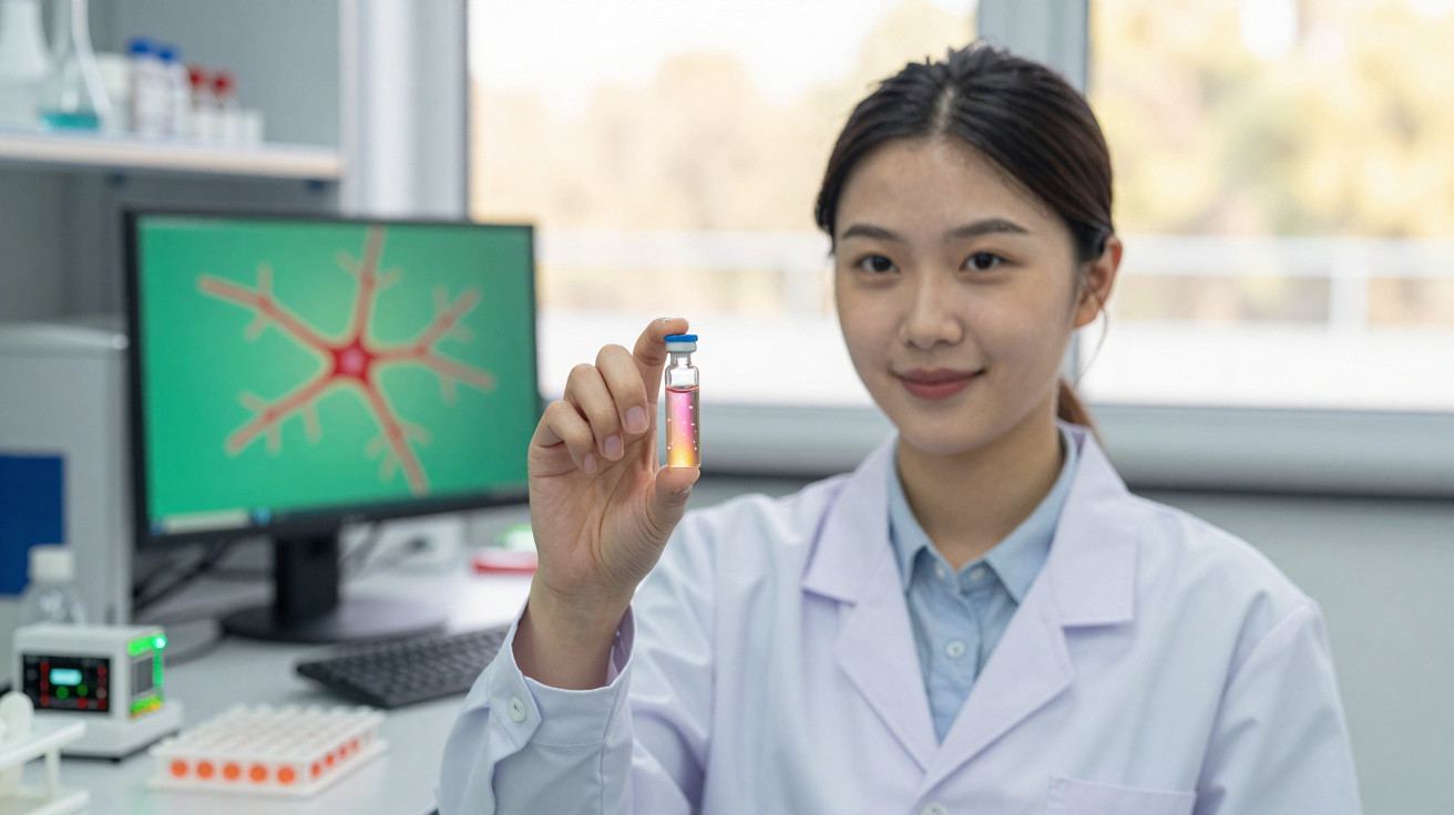 Cientista de jaleco branco segurando frasco com líquido em laboratório moderno com monitor ao fundo.