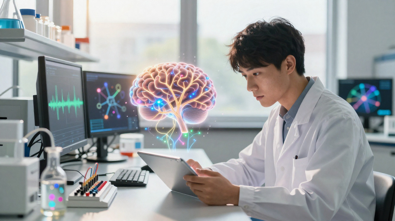 Cientista em laboratório usando tablet com imagem holográfica colorida de cérebro flutuante ao redor.