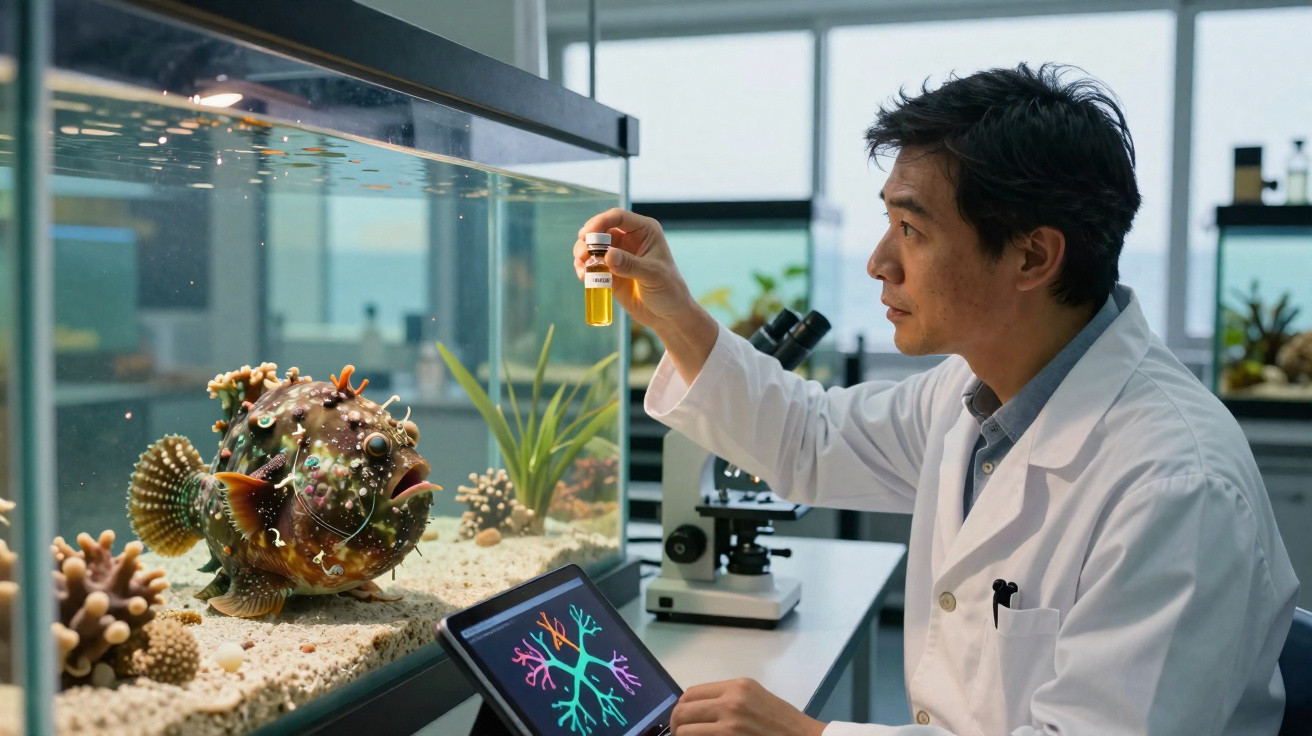Pesquisador em jaleco analisa amostra perto de aquário com peixe colorido em laboratório moderno.